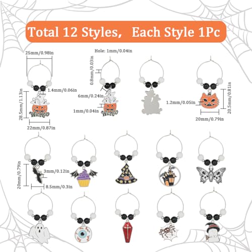 SUNNYCLUE 12Pcs Halloween Wine Glass Markers - Silver Drink Identifiers for Gathering, Holiday Gifts & Party Favors - style: 12 Sets Silver Tone Halloween Drink Identifiers & Upgraded Gift Box