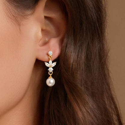 Pearl Earrings for Women 14k Gold/Silver Pearl Drop Earrings Long White Pearl Tassel Dangle Statement Earrings Bridal Wedding Dainty Prom Earrings Birthday Gifts Jewelry - color: Gold CZ Pearl Drop Earrings