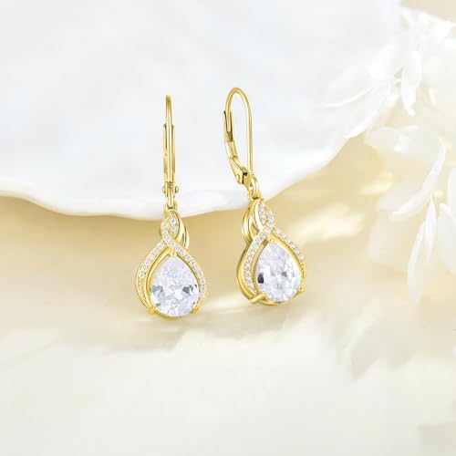 925 Sterling Silver Infinity Teardrop Earrings for Women | Lwsary Dangle Drop Leverback Earrings, Pear Shaped Birthstone Jewelry for Her - color: Gold
