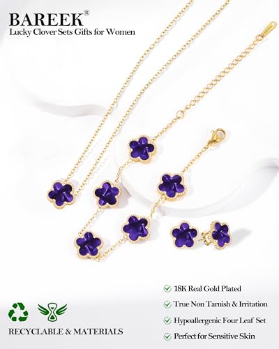Clover Jewelry Set 3 PC - 18K Gold Plated Stainless Steel Y Necklace Four Leaf Pendant, Clover Link Bracelet Charm, Flower Earrings, Hypoallergenic Non-Tarnish,Simple Luxury Lucky Gifts for Women - color: Purple