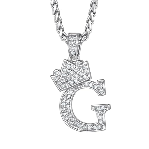 Richsteel Silver Crown Initial A-Z Letter Pendant Necklace for Men Women | Cubic Zirconia Monogram, 316L Steel Chain, 22" + 2" Extender,Hypoallergenic,Gift Box, Hip Hop Jewelry - style: G