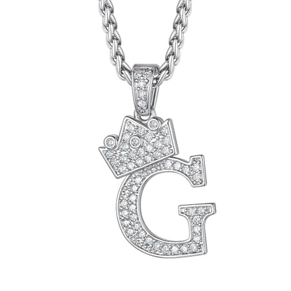 Richsteel Silver Crown Initial A-Z Letter Pendant Necklace for Men Women | Cubic Zirconia Monogram, 316L Steel Chain, 22" + 2" Extender,Hypoallergenic,Gift Box, Hip Hop Jewelry - style: G