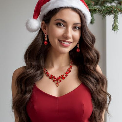 Women's Wedding Statement Necklace Dangle Earring Jewelry | Austrian Crystal Teardrop Cluster,Necklaces Earrings Set for Bride Bridesmaid,Prom Accessories - color: 21-Ruby Color Gold-Plated-Base