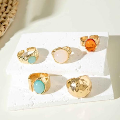 Chunky Gold Gemstone Ring Set for Women Adjustable Stackable Statement Rings Punk Geometric Turquoise Minimalist Jewelry - style: A-Gold