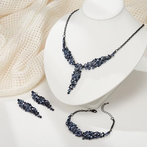 EleQueen Statement Sparkle Crystal Necklace Bracelet Dangle Earrings Set for Women, Art Deco Prom Chandelier Jewelry for Wedding Bridal - color: Black-Black-Tone
