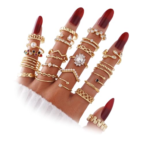 IFKM Gold Knuckle Rings Set For Women Vintage Stackable Joint Finger Midi Rings Dainty Cubic Zirconia Crystal Simple Twist Hollow Cute Rings Pack Jewelry Gift - color: Gold, style: Leaf Pearl Wide Version