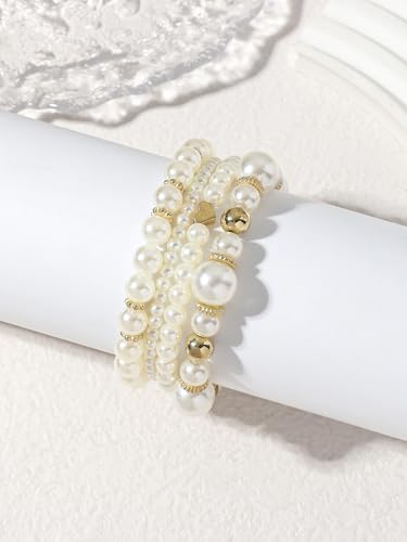 4/8 Pack Pearl Bracelets for Women Simulated Pearl Beaded Stackable Bracelet Set White Pearls Stretch Bracelet Set Multilayered Elastic Pearls Bracelets Bangles for Women Bridal Boho Jewelry - color: Gold