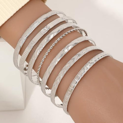 Gold Bangle Bracelets for Women, 14k Gold Plated Multi Layer Textured Stackable Open Bracelet Set Boho Indian Bangles Stackable Set Trendy Elegance Charms Non Tarnish Minimalist Bangle Pack - style: Silver 7Pcs