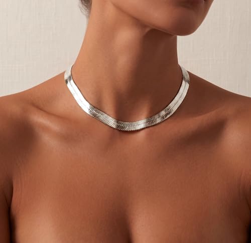 WomenGifts 14K Gold Silver Plated Herringbone Necklace for Women, Dainty Snake Chain Choker, Trendy Simple Long Layered Jewelry Non Tarnish, 3/4/5/8mm,14,16,18,20,22,24,26 Inch Thin & Chunky Options - color: Silver, style: 8mm-14inch
