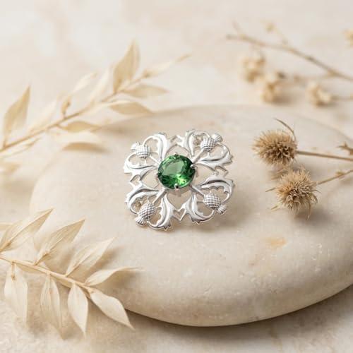 Alexander Castle 925 Sterling Silver Scottish Thistle Brooch Pin with Emerald CZ Stone & Jewelry Gift Box - Scottish Gift for Women