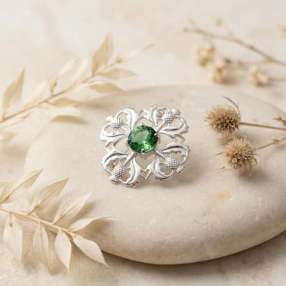 Alexander Castle 925 Sterling Silver Scottish Thistle Brooch Pin with Emerald CZ Stone & Jewelry Gift Box - Scottish Gift for Women