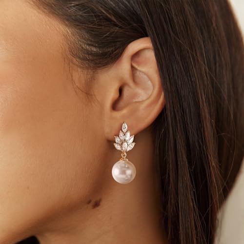 YOIHUR Drop Dangle Pearl Earrings for Women, Dainty 14K Gold Plated Pearl Hoop Earrings Hypoallergenic Wedding Pearls Dangle Earrings Jewelry Gift for Women Bridal - color: Gold-Exquisite Zircon Pearl Earrings