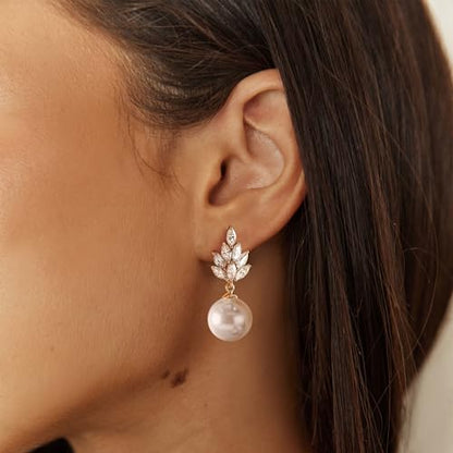YOIHUR Drop Dangle Pearl Earrings for Women, Dainty 14K Gold Plated Pearl Hoop Earrings Hypoallergenic Wedding Pearls Dangle Earrings Jewelry Gift for Women Bridal - color: Gold-Exquisite Zircon Pearl Earrings