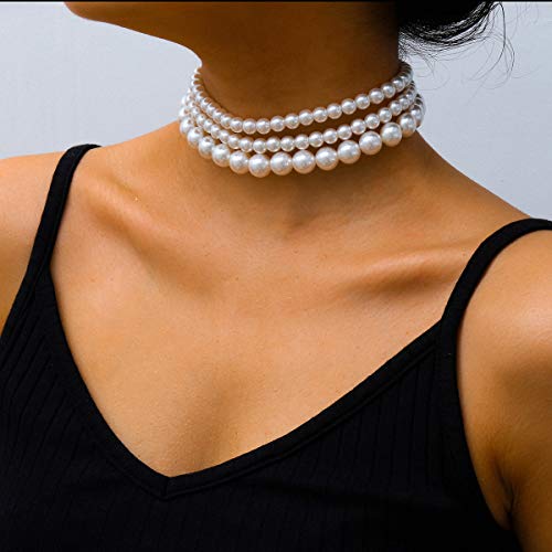 Boho Choker Necklaces for Women - Faux Round Pearl Layered Fashion Chunky Thick Clavicle Necklace Wedding Bride Jewelry Gifts - color: Style A