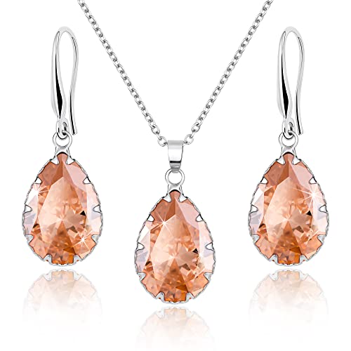 Linawe Crystal Jewelry Sets for Women, Imitation Diamond Pendant Necklace, Rhinestone Drop Dangle Earrings, Birthstone Cubic Zirconia Matching Wedding Jewelry, 14K Gold/Rose Gold/Silver Tones - color: Silver,Citrine,Nov