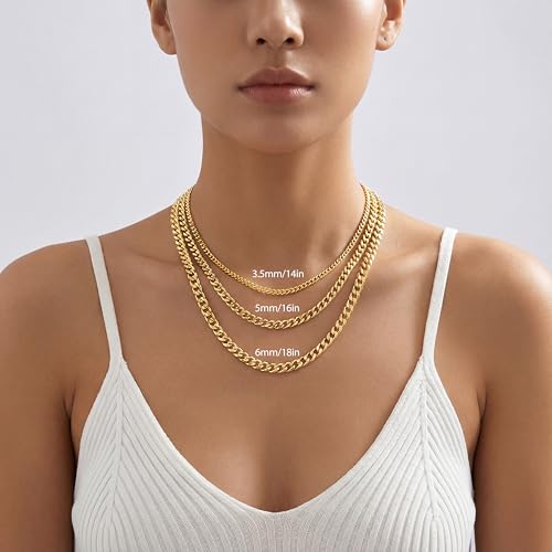 WomenGifts Cuban Link Chain Necklace for Women, Waterproof 14k Gold Silver Plated Chain Choker, Non Tarnish Stainless Steel Jewelry, 3.5/5/6/8/11mm,14/16/18 Inch Thin&Chunky&Thick - color: Gold, style: 3.5MM-16"
