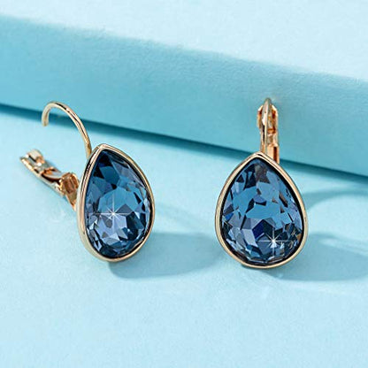 Austrian Crystal Teardrop Leverback Drop Earrings for Women | 14K Gold-Plated Finish, Sparkling Pear Stone, Smooth Bezel Frame, Secure Leverback Closure, Dainty Day-To-Evening Style - color: Denim Blue