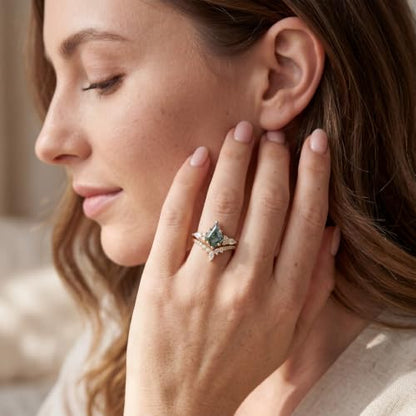 14K Gold Plated Natural Moss Agate Stackable Ring for Women | Promise Wedding Band Diamond Cut Green Moss Agate Stackable Rings Set Valentine & Anniversary Jewelry Gifts Size 5-9 - color: Yellow Gold