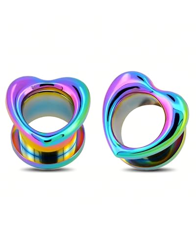 Jewseen 2PCS Rainbow Heart Ear Gauges Plugs Tunnels 316L Stainless Steel Ear Expander Piercing Jewelry