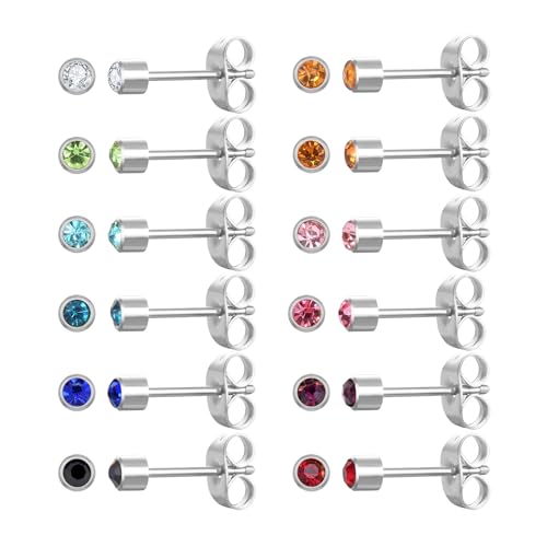 12 Pairs Surgical Stainless Steel Cubic Zirconia Birthstone Stud Earrings Heart Star Round Multicolors Stud Earrings Set for Women - style: Silver round 3mm