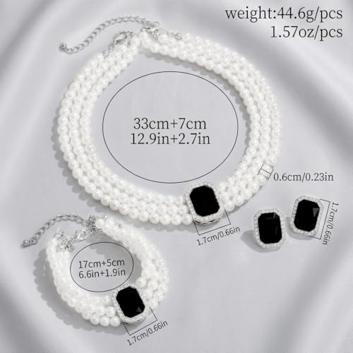 Brishow Pearl Necklace Jewelry Set Wedding Pearls Earrings Necklaces Set Bridal Crystal Bracelet Jewelry for Women (Pack of 3) - color: Black, size: 3 Layered