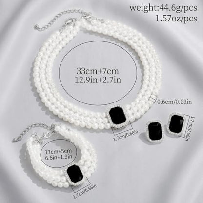 Brishow Pearl Necklace Jewelry Set Wedding Pearls Earrings Necklaces Set Bridal Crystal Bracelet Jewelry for Women (Pack of 3) - color: Black, size: 3 Layered