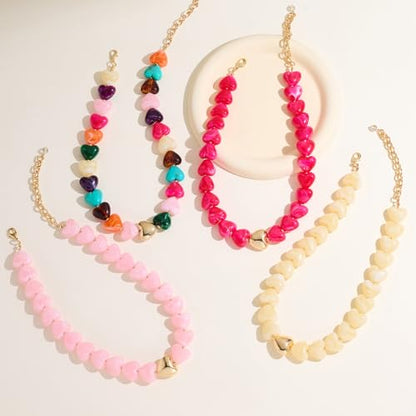 Chunky Beaded Necklace for Women Trendy Multicolor Resin Beads Choker Necklaces Boho Summer Statement Necklace Chunky Heart Jewelry - color: Heart necklace-pink