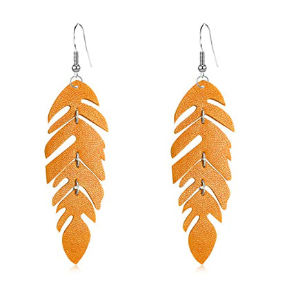 Handmade Unique Lightweight Bohemian Genuine Leather Leaf Dangle Drop Earrings Dainty Sparkly Chain Feather Hook Earring for Women Statement - color: Orange