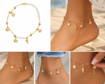 LESLIE BOULES 18K Gold Plated Beach Anklet for Women, Seashell and Conch Charm Chain Bracelet