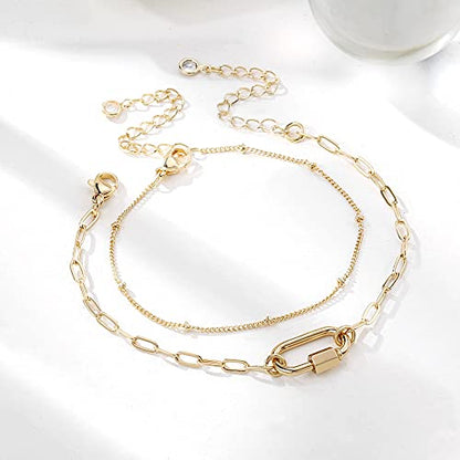 Dainty Gold Bracelets for Women, 14K Gold Plated Adjustable Layered Beads Bracelet Cute Evil Eye Oval Chain Pearl Bar Turtle Gold Bracelets for Women Jewelry - style: Beads Chain&Oval Screw Clasp