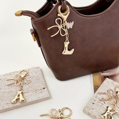 Gold Bubble Heart, Cherry, Bow & More Designs Letter Initial Keychain Bag Charms – Cute Purse Charms for Handbags - color: Bow & Butterfly, style: L