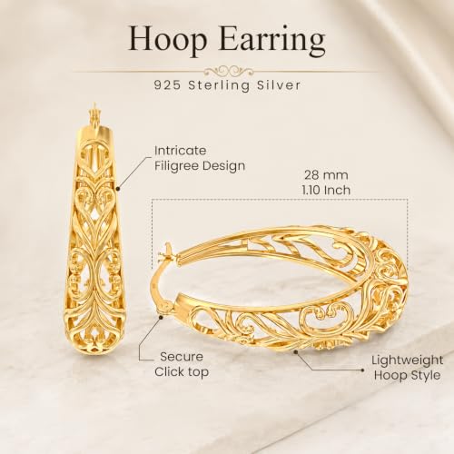 LeCalla 925 Sterling Silver Chunky Hoop Earrings | Filigree Heart Hoop Earrings for Women | Oval & Round Mesh Filigree Click-Top Hoops Earring | Hypoallergenic Earrings for Women - color: Yellow Gold Oval Heart Filigree 28MM
