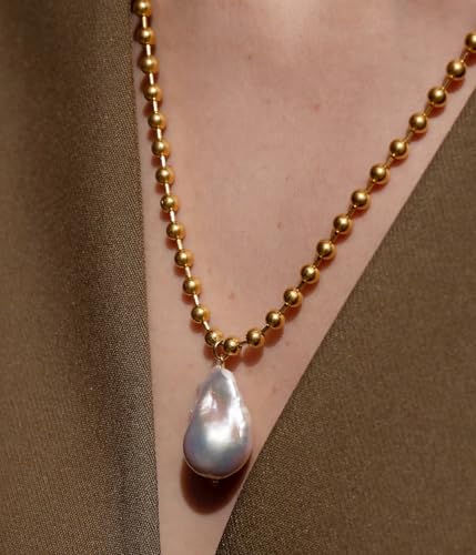 NUZON Sunburst Heart / 2-Tone Interlocking/CZ Evil Eye/Single Pearl/Love Heart Pendant Necklace for Women 14K Gold Chain Necklace Chunky Statement Jewelry - color: Baroque Pearl Pendant