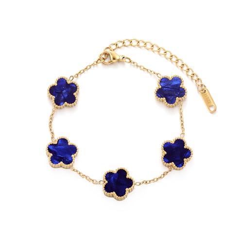TICVSS Four Leaf Clover Bracelet for Women 18K Gold Plated Stainless Steel Lucky 4 Leaf Gold Link Bracelet Jewelry Gift for Women - color: Dark blue