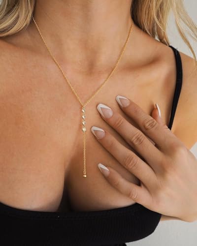 Lariat Gold Necklaces for Women Trendy Dainty Long Necklace 14k Gold Plated/Silver Layered Drop Beaded Chain Necklaces Y-shaped Pendant Necklace Simple Gold Jewelry Gifts - color: Y Rain-Gold