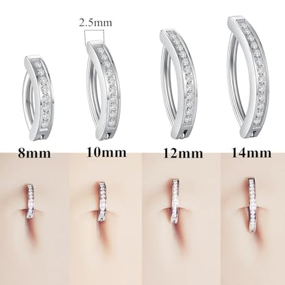 ORANGELOVE G23 Titanium 14G Belly Button Rings for Women Hinged Hoop Clicker Belly Ring Reverse Curved Navel Ring Floating Navel Barbell Piercing Jewelry 14 Gauge 8mm 10mm 12mm 14mm - color: CZ Silver