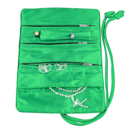 TUMBEELLUWA Embroidery Travel Jewelry Bag Roll Embroidered Flower and Bird Brocade Organizer with Tie Close - color: Deep Green
