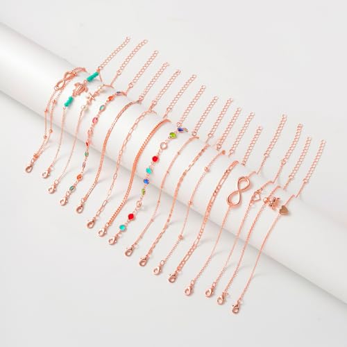 Starain 12Pcs Summer Beach Anklets for Women Waterproof Gold Silver Chain Ankle Bracelets Cute Women's Foot Anklet Set 7.9-10.5 inch Adjustable - color: 16Pcs Rose Ankle Bracelet