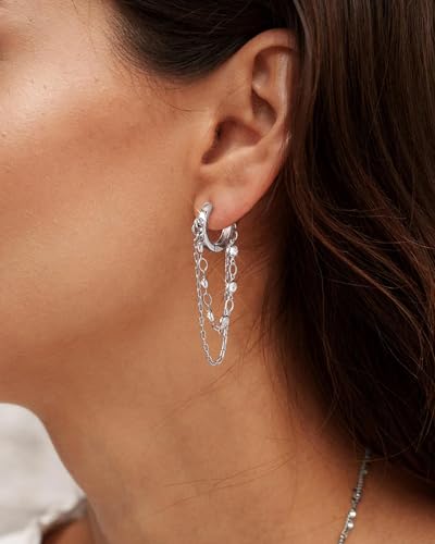 Tassel Chain Small Gold Hoop Dangle Earring For Women Huggie Earring Heart Star CZ 14K Gold Plated Fashion Jewelry Graduation Gift for Her Mothers Day Gifts for Mom - color: Circle-Silver