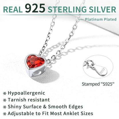 ChicSilver 925 Sterling Silver Anklets for Women, Simple Dainty Round/Heart Birthstone Ankle Bracelet Beach Foot Jewelry, 8.7-10.7 Inch Adjustable - color: 07. Heart - July(Ruby)