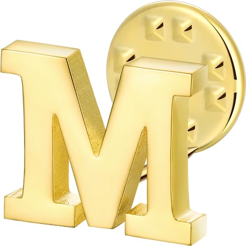 Initial Lapel Pin for Men Women, Brooch Pins for Men Suits, Metal Button Pins in 18K Gold and Silver Tone. - color: Gold-M