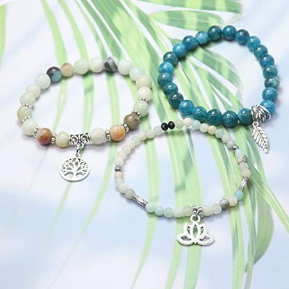 Tree of Life Yoga Healing Stone Bracelets,Multilayer Lotus Chakra Stone Reiki Bracelet Sets,Anxiety Crystal Natural Stone,for Women Stress Relief - style: Style 6 Amazonite + Apatite