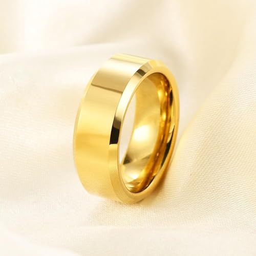 Stainless Steel Wedding Band Ring For Men Women | Sandblasted matte finish, 4mm/6mm/8mm widths, steel/black/gold-tone colors, everyday wear, wedding - color: Smooth-8mm-Gold