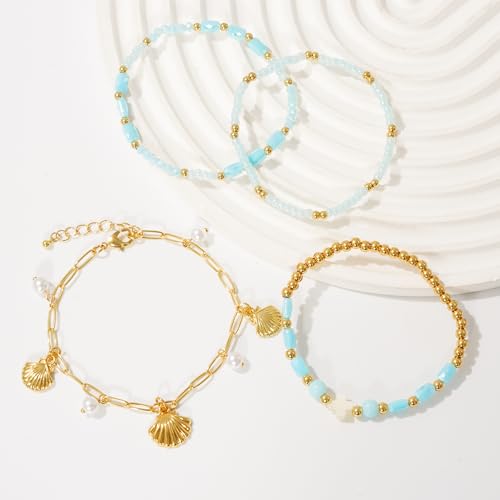LALAPPLE Shell Bracelet Boho Beaded Stretch Bracelets for Women Seashell Strand Bracelets Starfish Charm Jewelry Summer Beach Jewelry Stackable Crystal Gold Plated Beads Bracelet for Women - style: T-Style1