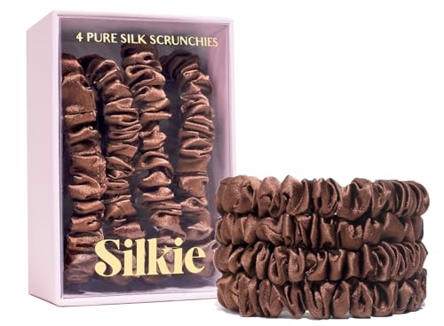 SILKIE x4 Set 100% Pure Mulberry Silk Brown Skinny Scrunchies Travel Pouch Everyday Hair Ties Elastics Hair Care Ponytail Holder No Damage (Praline) - color: Praline