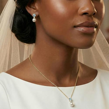 Mariell Pearl Wedding Necklace Earrings Set with CZ Crystal, Jewelry for Brides, Bridesmaid, Mother's Day - color: Gold-Blue Cubic Zirconia
