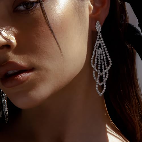Silver Rhinestone Rectangle Dangle Earrings for Women Cubic Zirconia Crystal Dangle Earrings Long Chandelier Earrings Multi Layer Tassel Earrings Wedding Bridal Jewelry