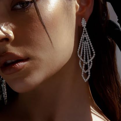 Silver Rhinestone Rectangle Dangle Earrings for Women Cubic Zirconia Crystal Dangle Earrings Long Chandelier Earrings Multi Layer Tassel Earrings Wedding Bridal Jewelry