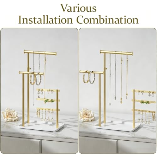 susswiff Jewelry Holder Organizer Stand - Adjustable Tall 17.5" (Max), Sturdy Jewelry Hanger for Necklaces, Earrings, Bracelets, Rings, Jewlery Display and Storage, Gold and White, Metal - color: Gold