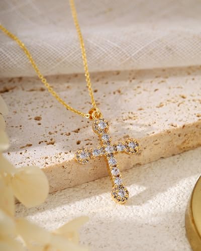Cross Necklace for Women, 14K Gold Plated Cubic Zirconia Cross Pendant Necklace, Trendy Christian Jewelry Gifts for Baptism First Communion Christmas - color: Style G - Gold